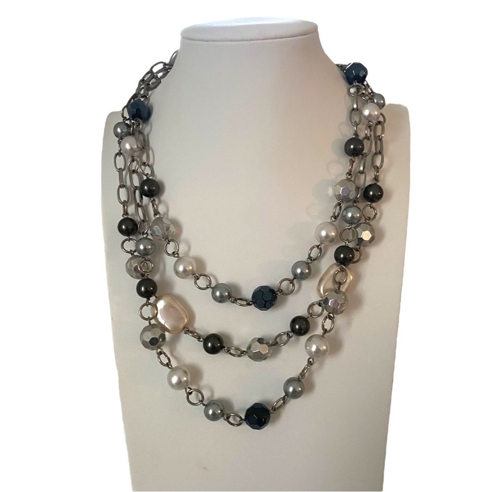 Lia Sophia beaded multi strand chain necklace tiered silver black - Picture 2 of 8